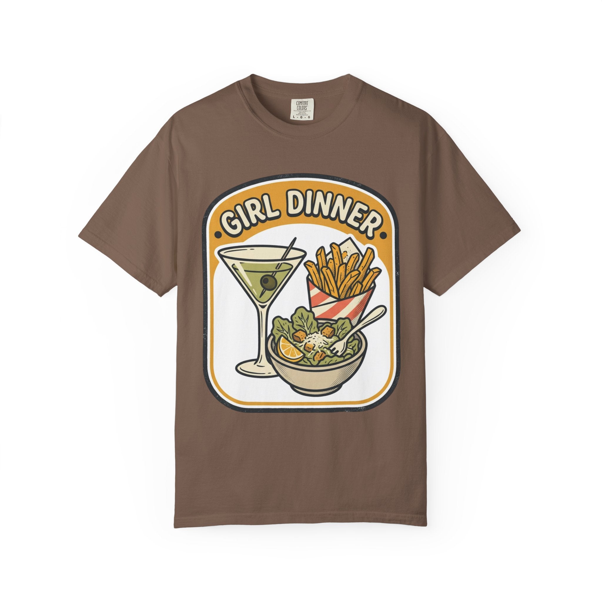 Girl Dinner T-Shirt — Retro Food Graphic Tee (martini, fries, salad)