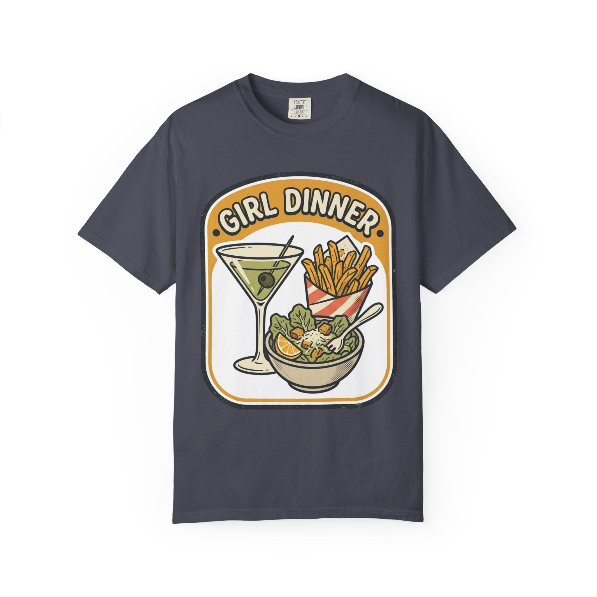 Girl Dinner T-Shirt — Retro Food Graphic Tee (martini, fries, salad)