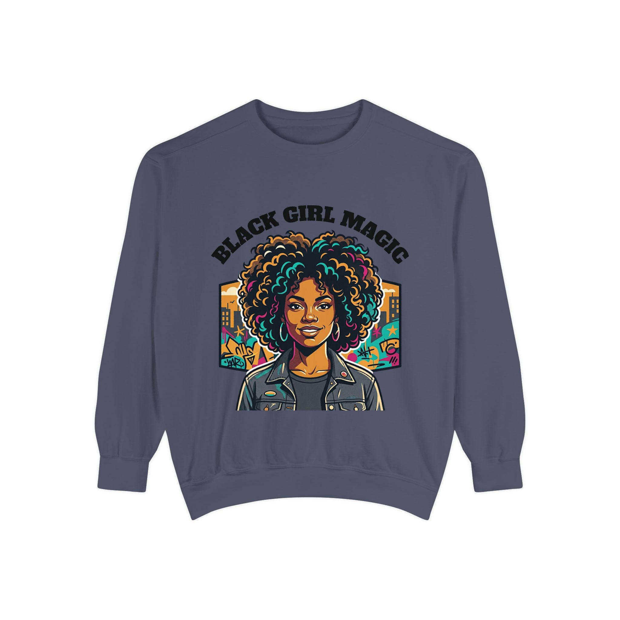 Black Girl Magic sweatshirt | Afro Woman Portrait, Retro City Background