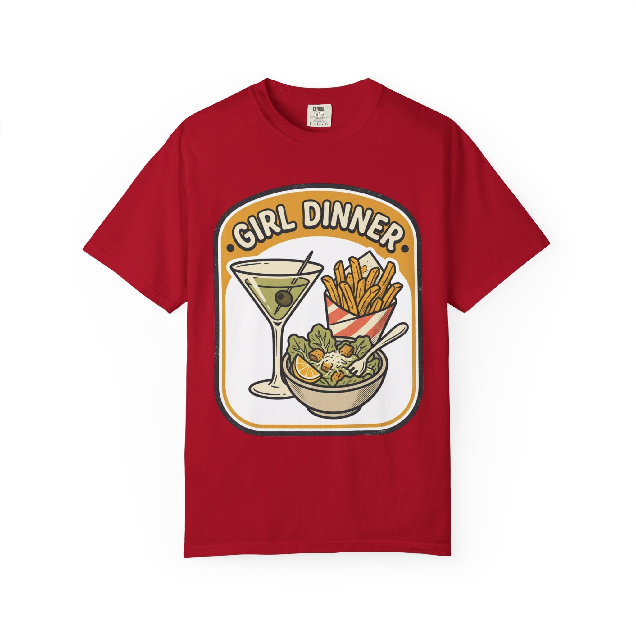 Girl Dinner T-Shirt — Retro Food Graphic Tee (martini, fries, salad)
