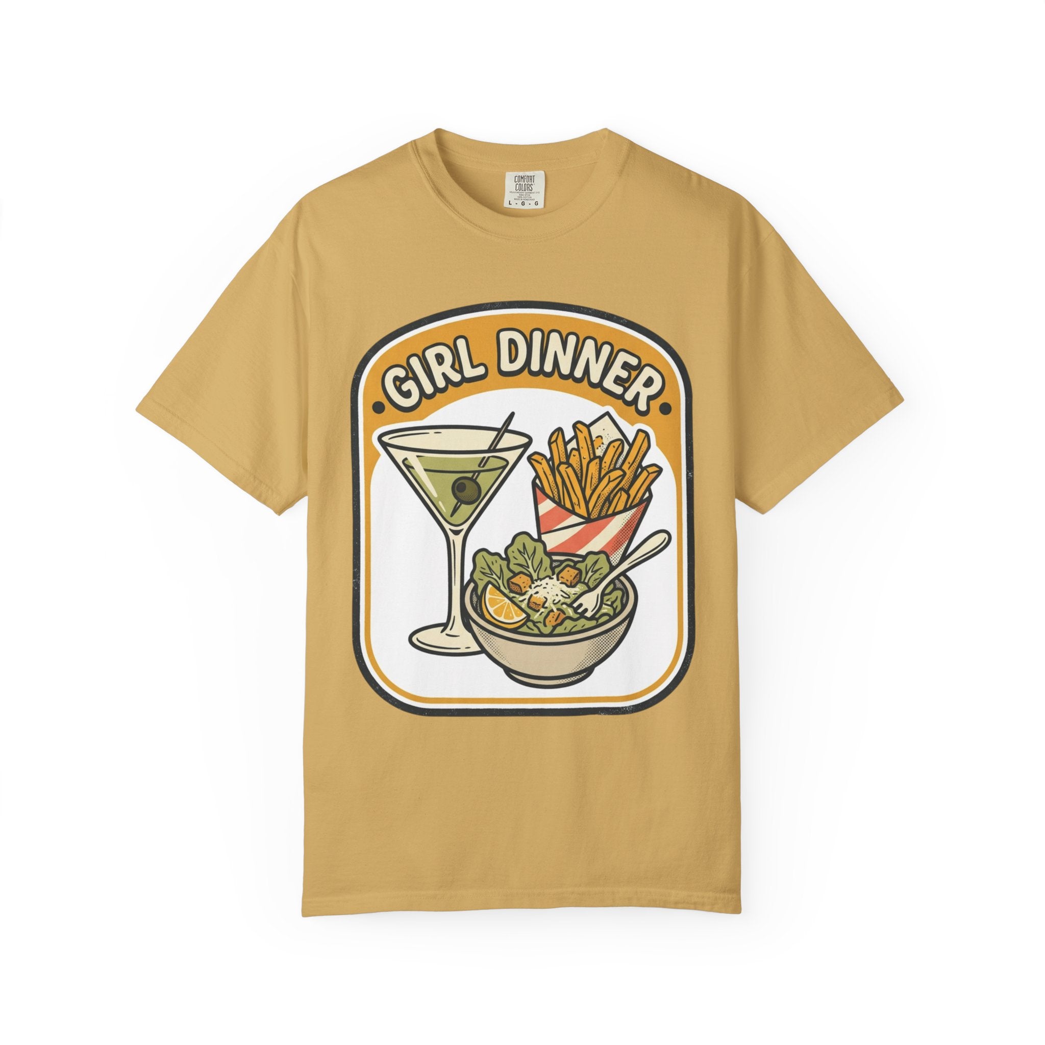 Girl Dinner T-Shirt — Retro Food Graphic Tee (martini, fries, salad)