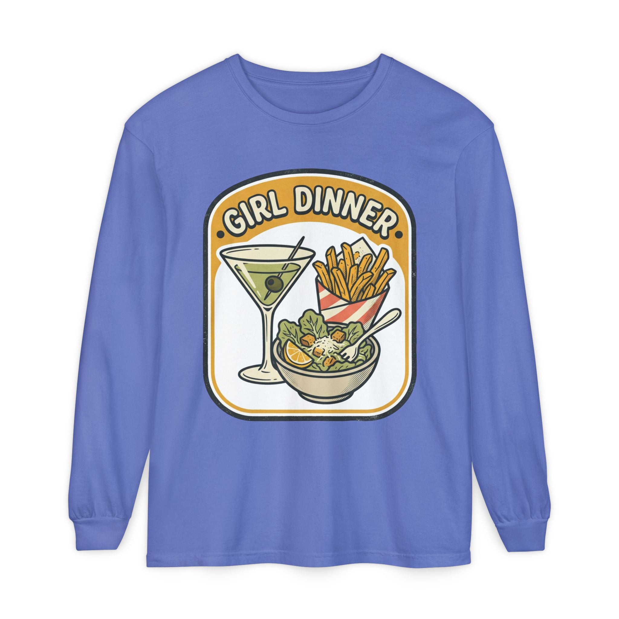 Girl Dinner Long Sleeve Tee — Retro Food & Cocktail Graphic
