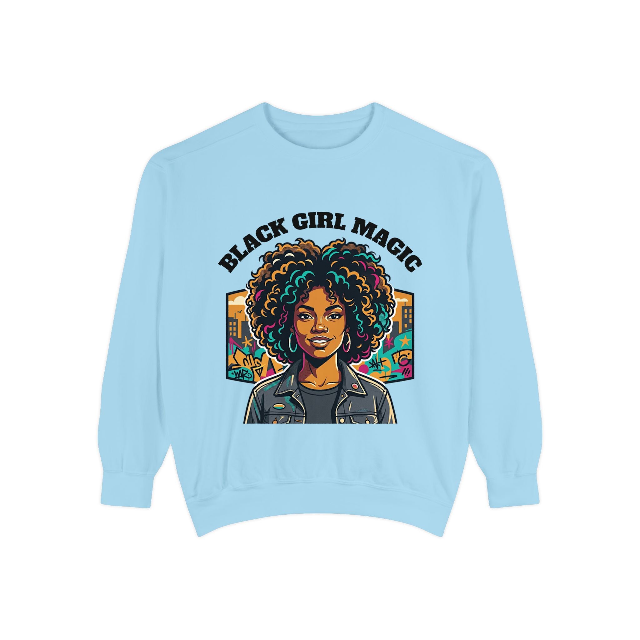 Black Girl Magic sweatshirt | Afro Woman Portrait, Retro City Background