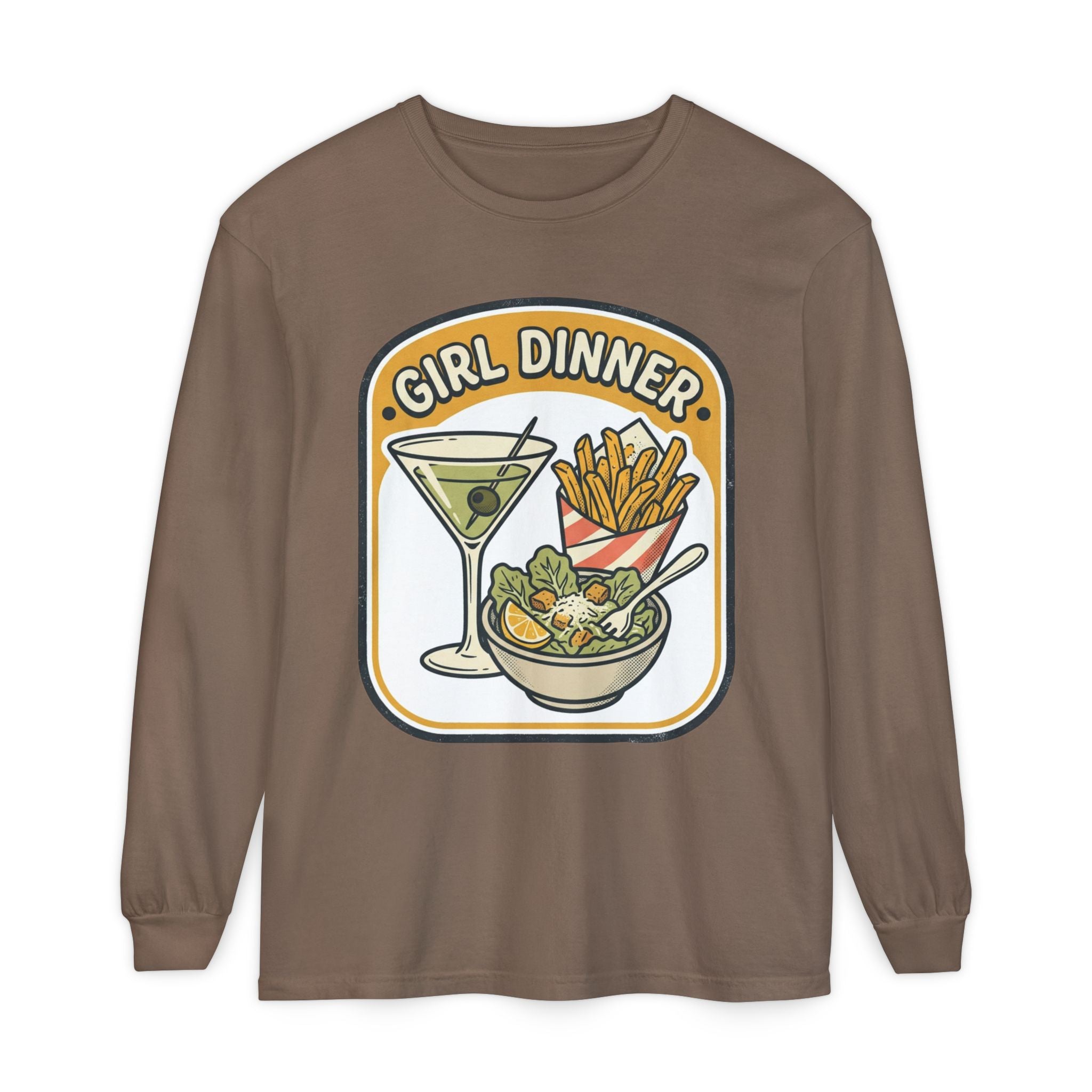 Girl Dinner Long Sleeve Tee — Retro Food & Cocktail Graphic