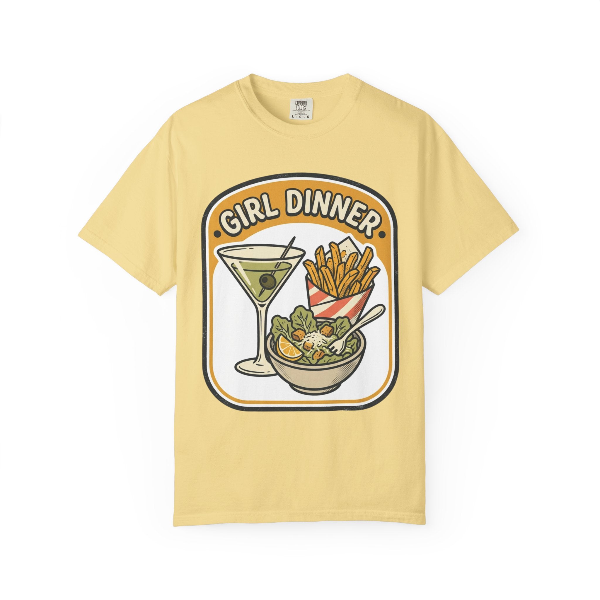 Girl Dinner T-Shirt — Retro Food Graphic Tee (martini, fries, salad)