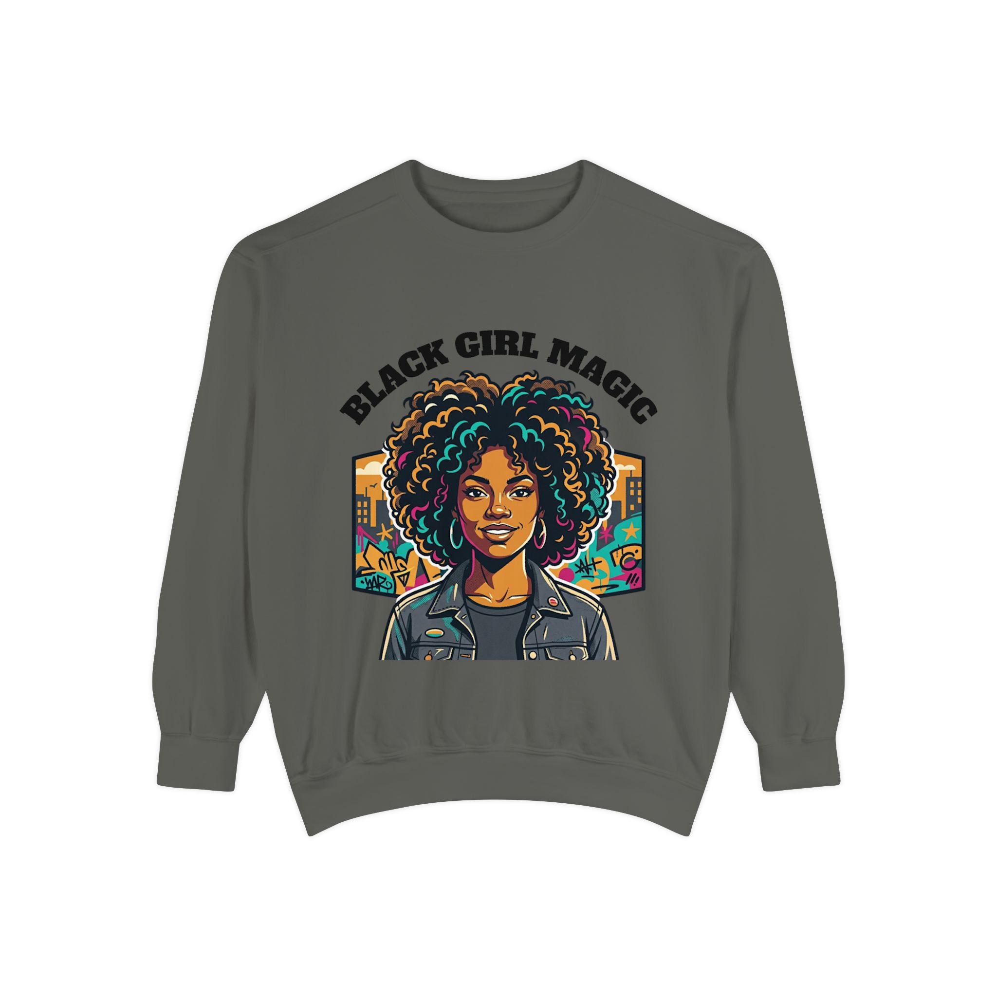 Black Girl Magic sweatshirt | Afro Woman Portrait, Retro City Background