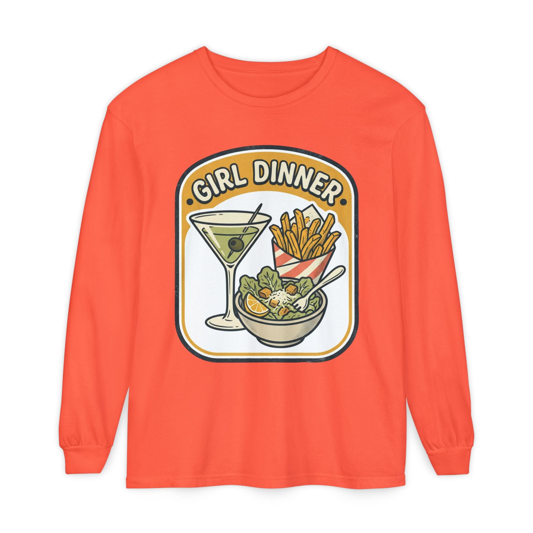 Girl Dinner Long Sleeve Tee — Retro Food & Cocktail Graphic