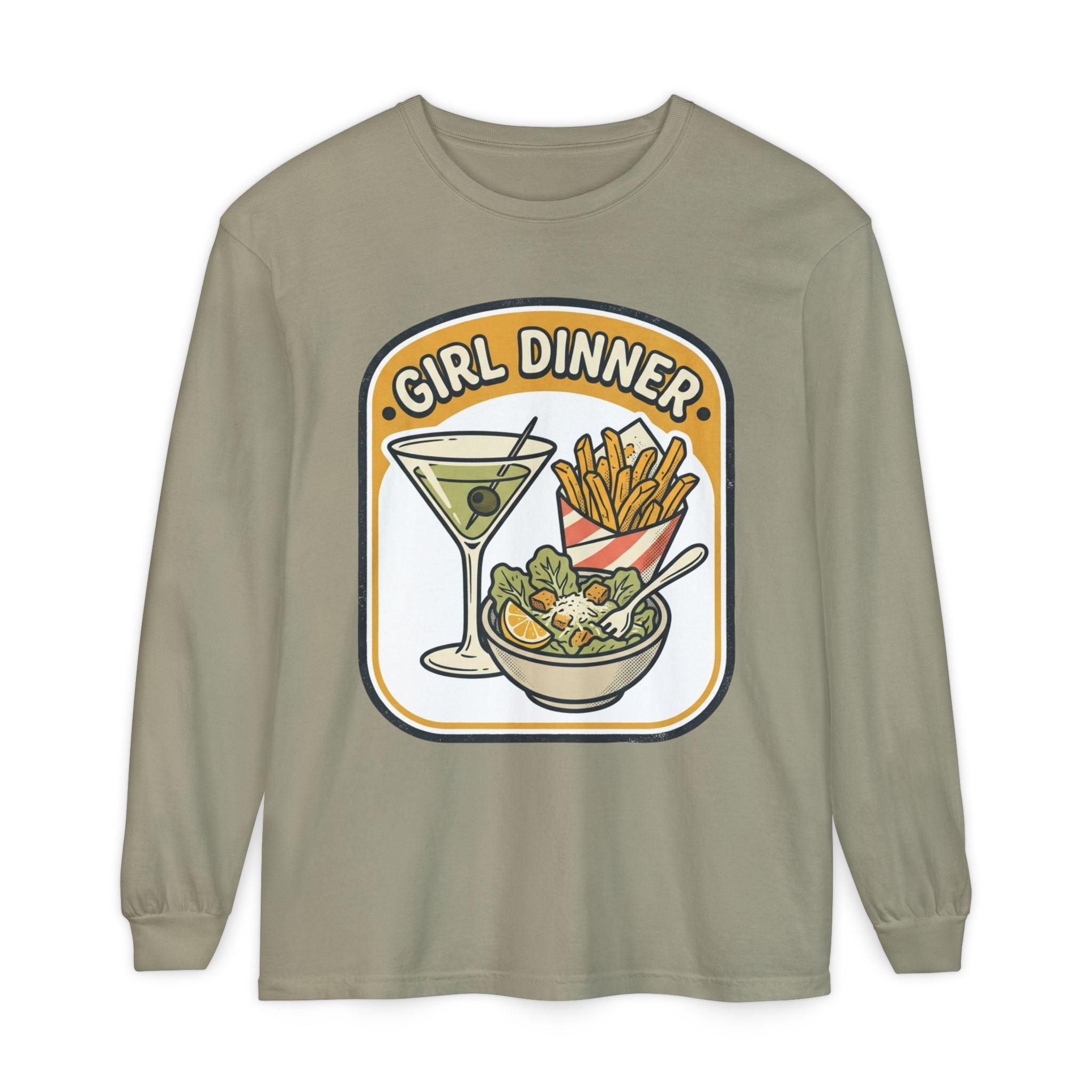 Girl Dinner Long Sleeve Tee — Retro Food & Cocktail Graphic