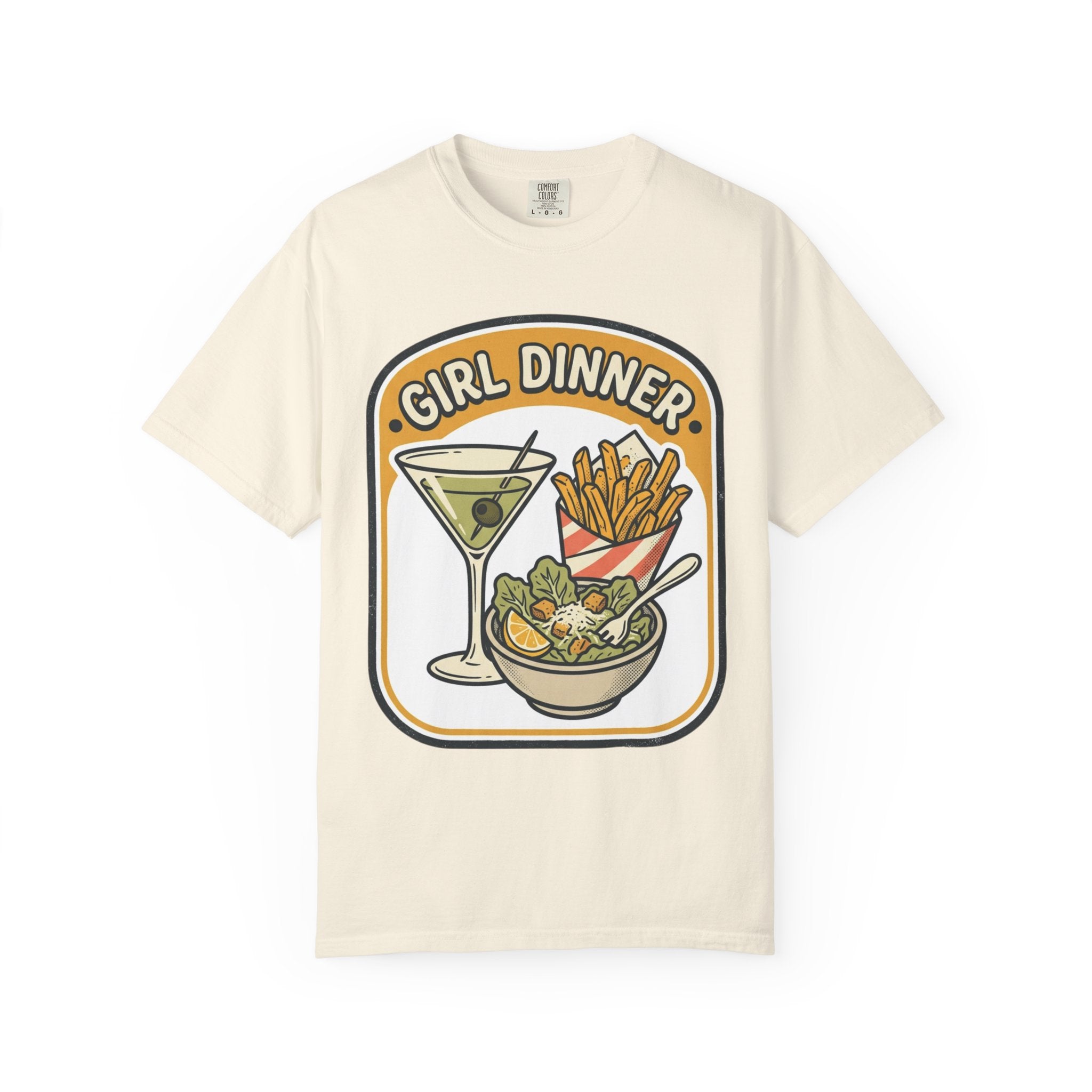 Girl Dinner T-Shirt — Retro Food Graphic Tee (martini, fries, salad)