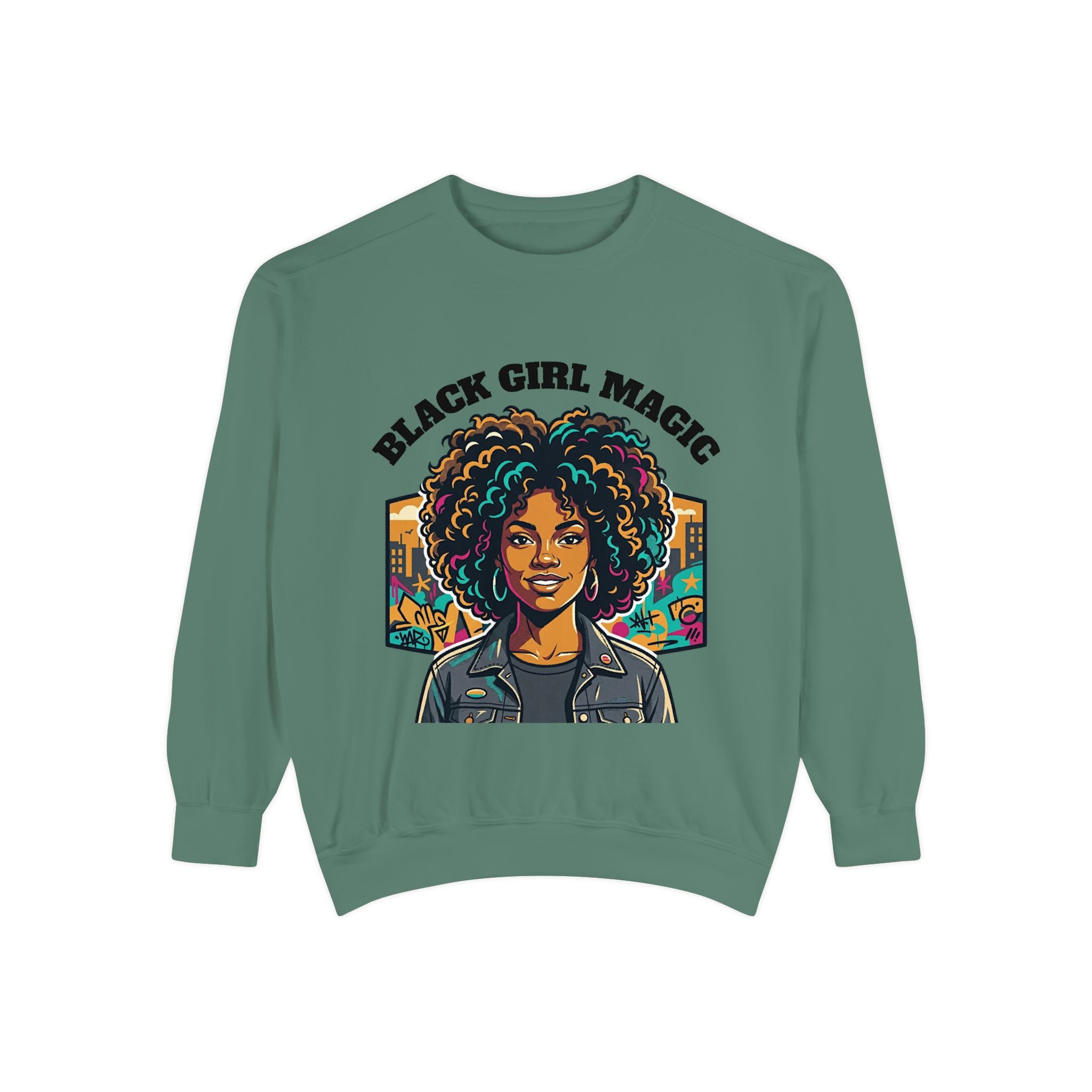 Black Girl Magic sweatshirt | Afro Woman Portrait, Retro City Background
