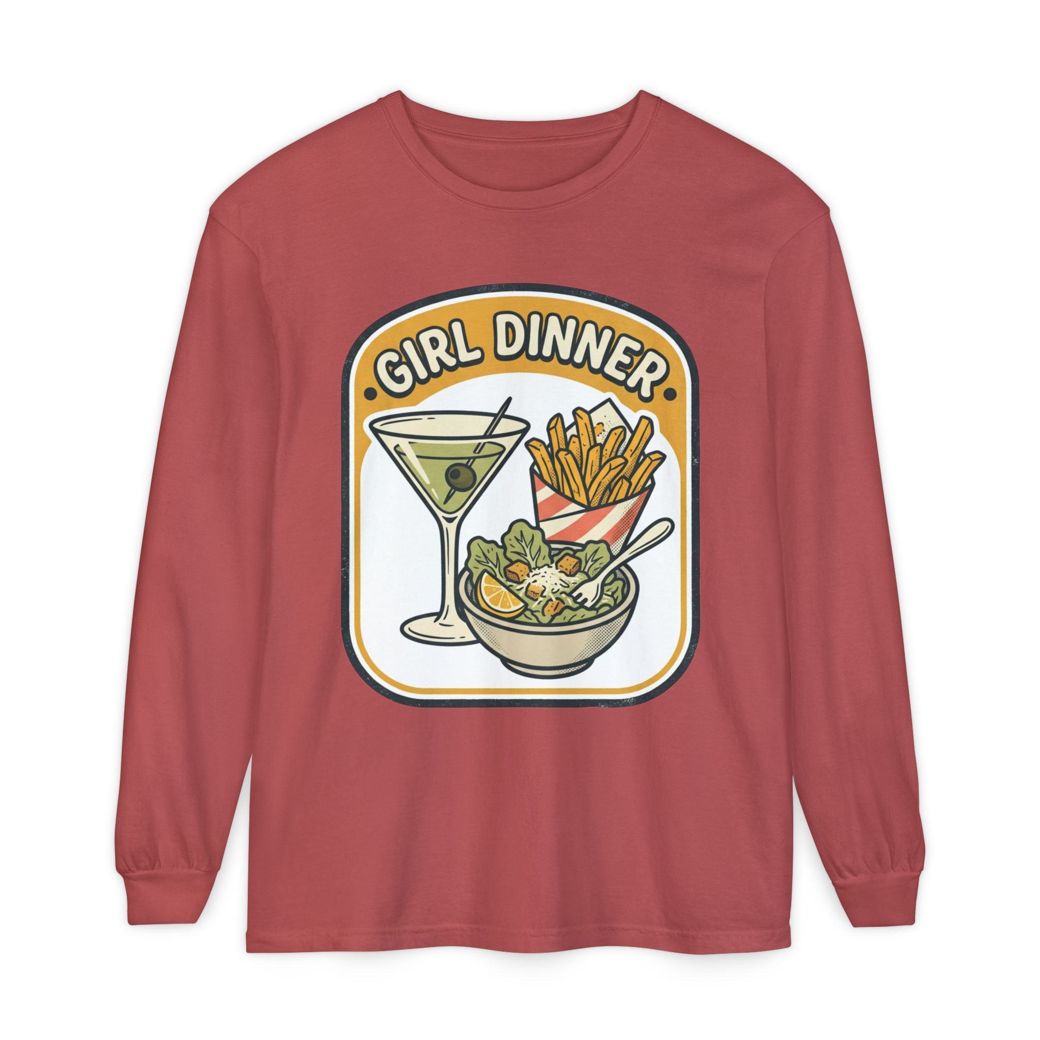Girl Dinner Long Sleeve Tee — Retro Food & Cocktail Graphic