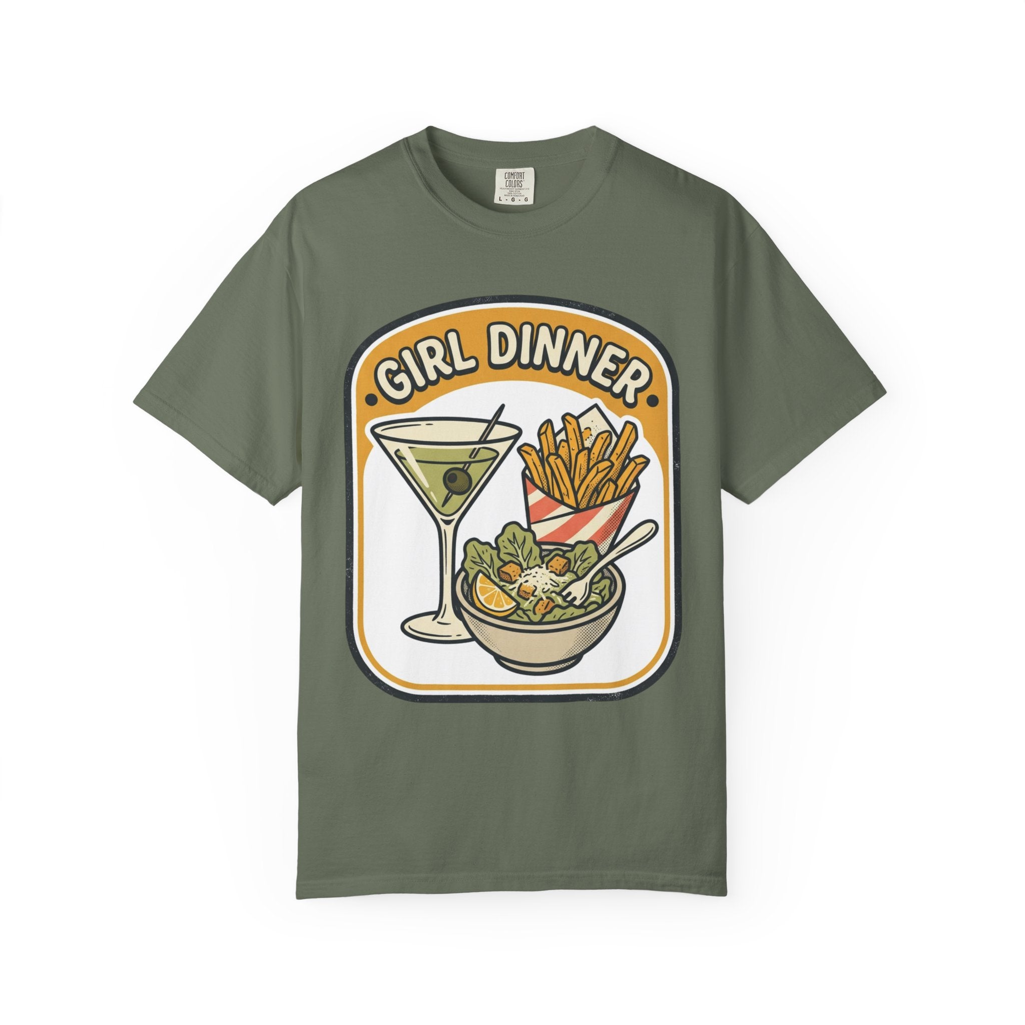 Girl Dinner T-Shirt — Retro Food Graphic Tee (martini, fries, salad)