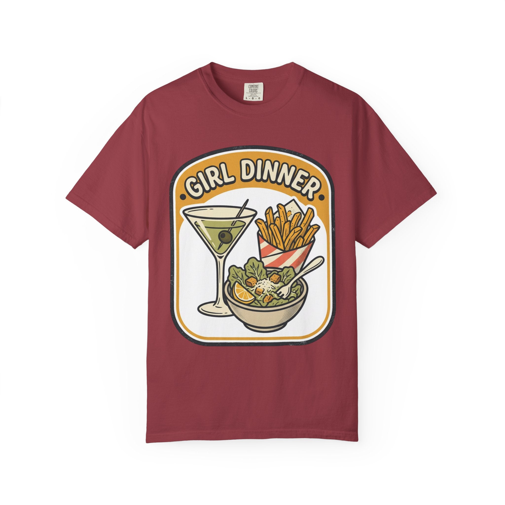 Girl Dinner T-Shirt — Retro Food Graphic Tee (martini, fries, salad)