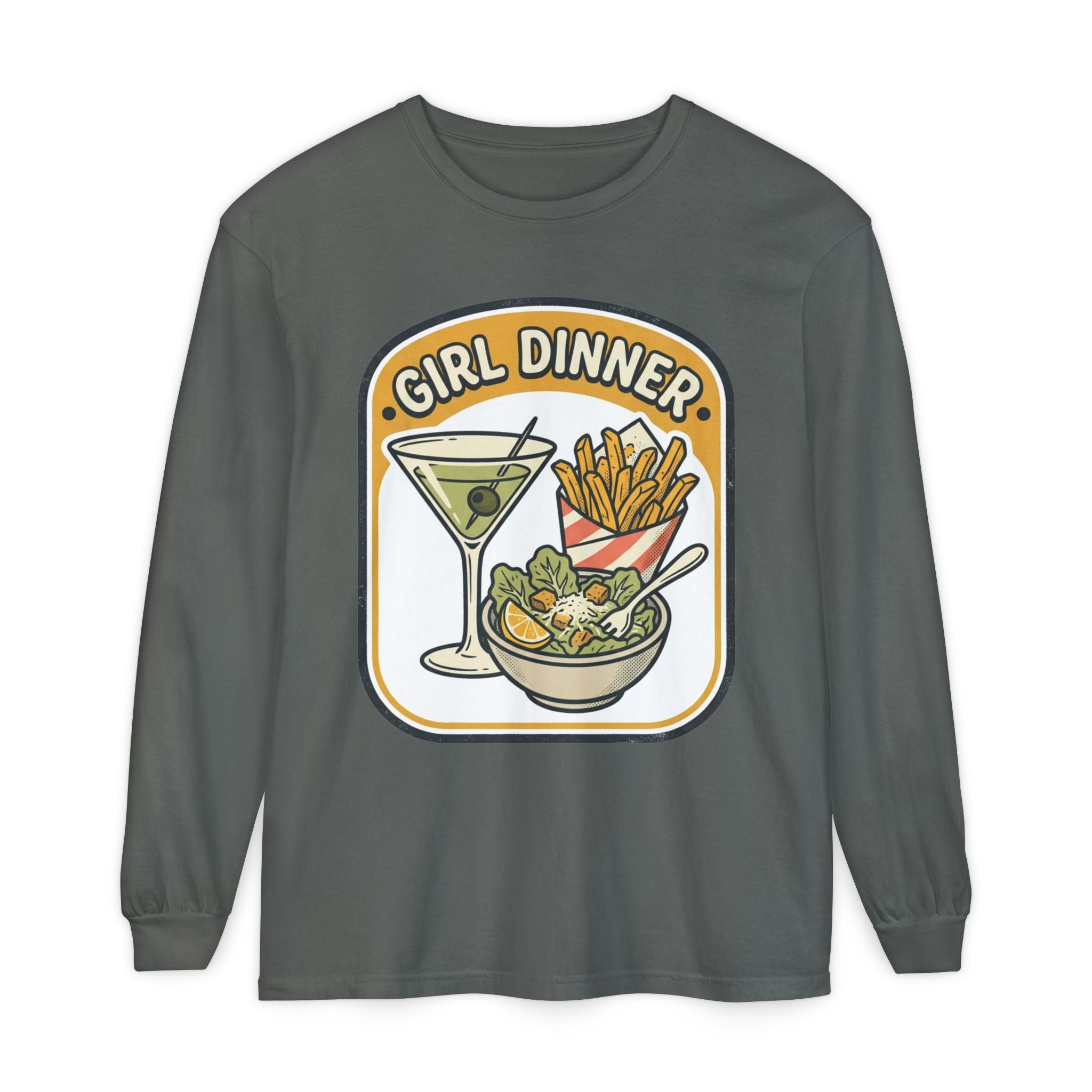 Girl Dinner Long Sleeve Tee — Retro Food & Cocktail Graphic