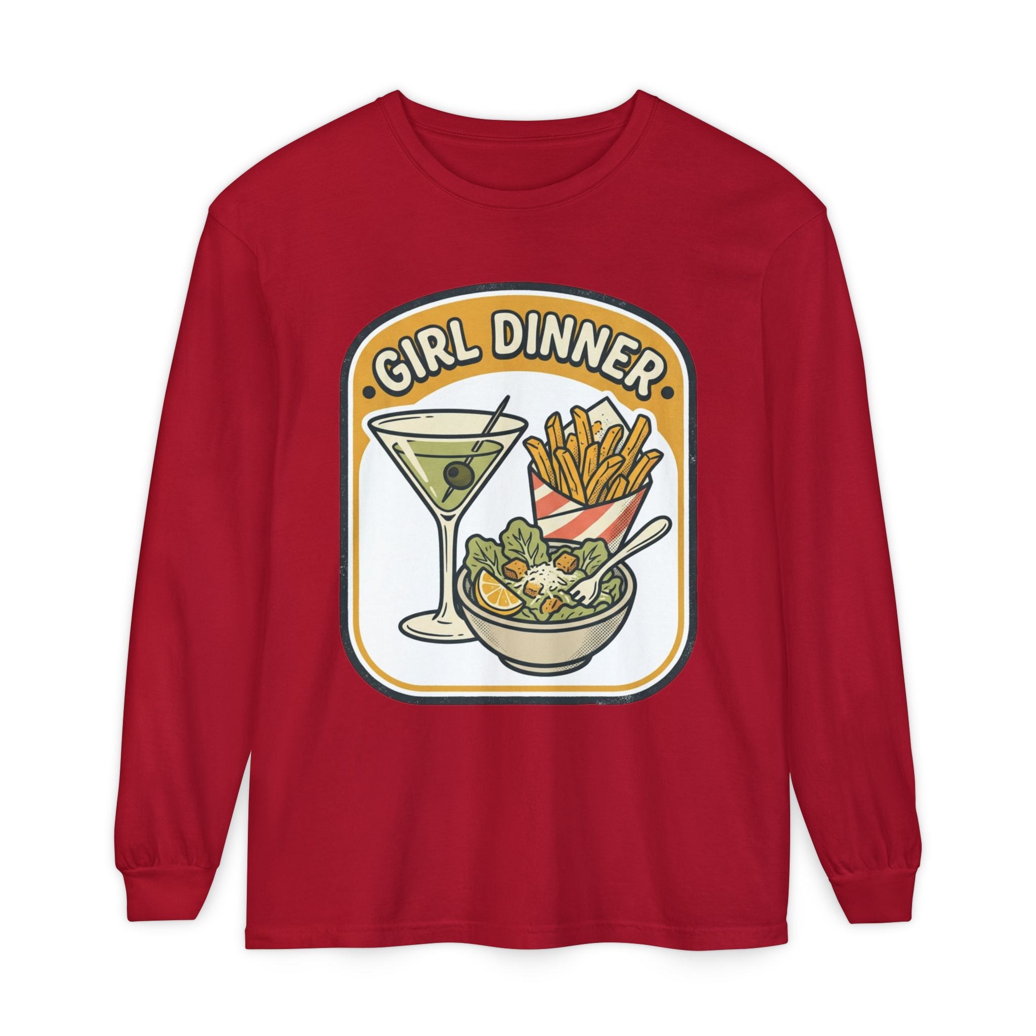 Girl Dinner Long Sleeve Tee — Retro Food & Cocktail Graphic