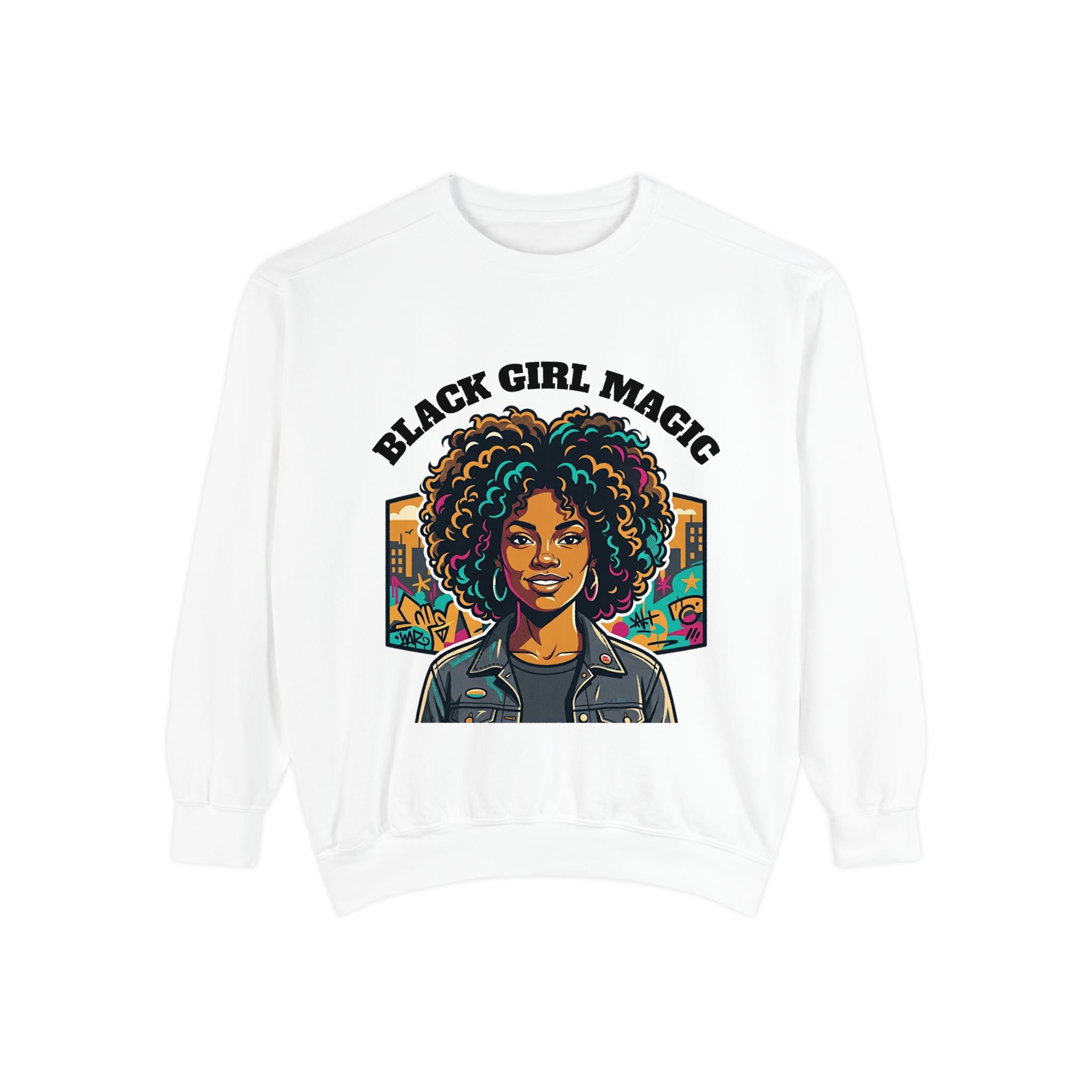 Black Girl Magic sweatshirt | Afro Woman Portrait, Retro City Background