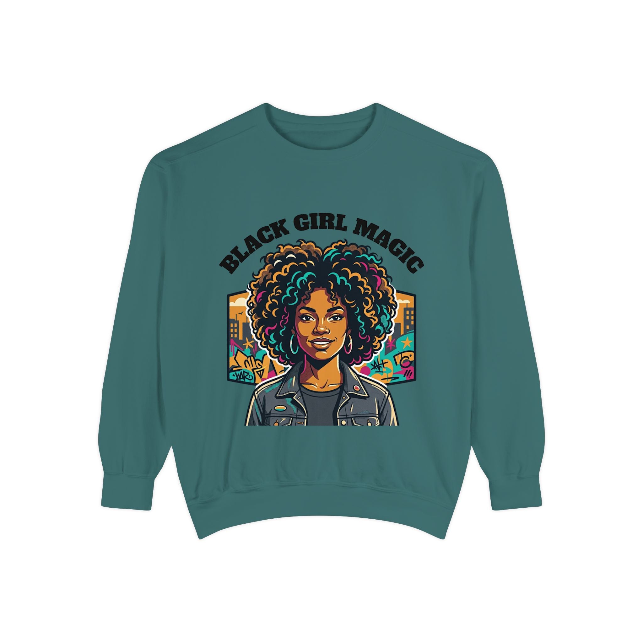 Black Girl Magic sweatshirt | Afro Woman Portrait, Retro City Background