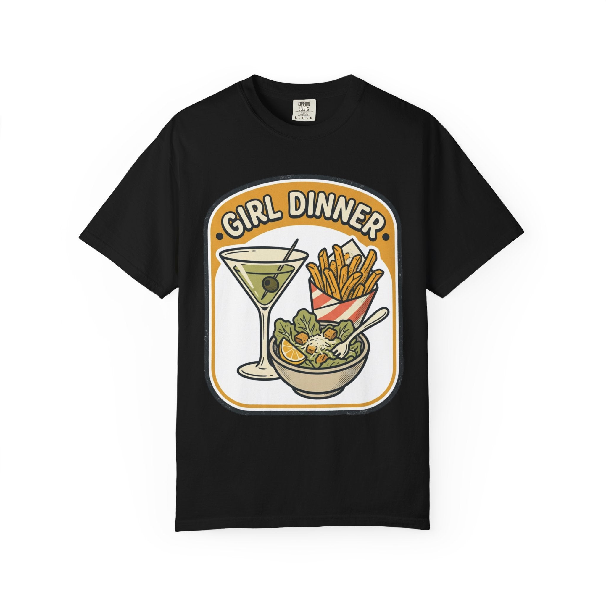 Girl Dinner T-Shirt — Retro Food Graphic Tee (martini, fries, salad)