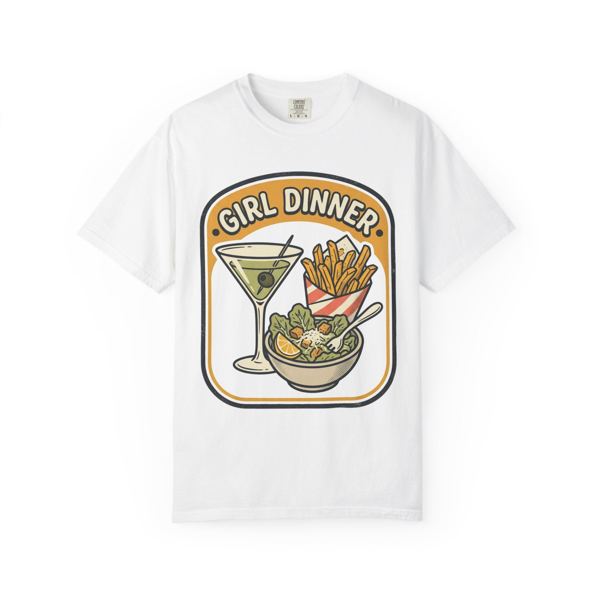 Girl Dinner T-Shirt — Retro Food Graphic Tee (martini, fries, salad)