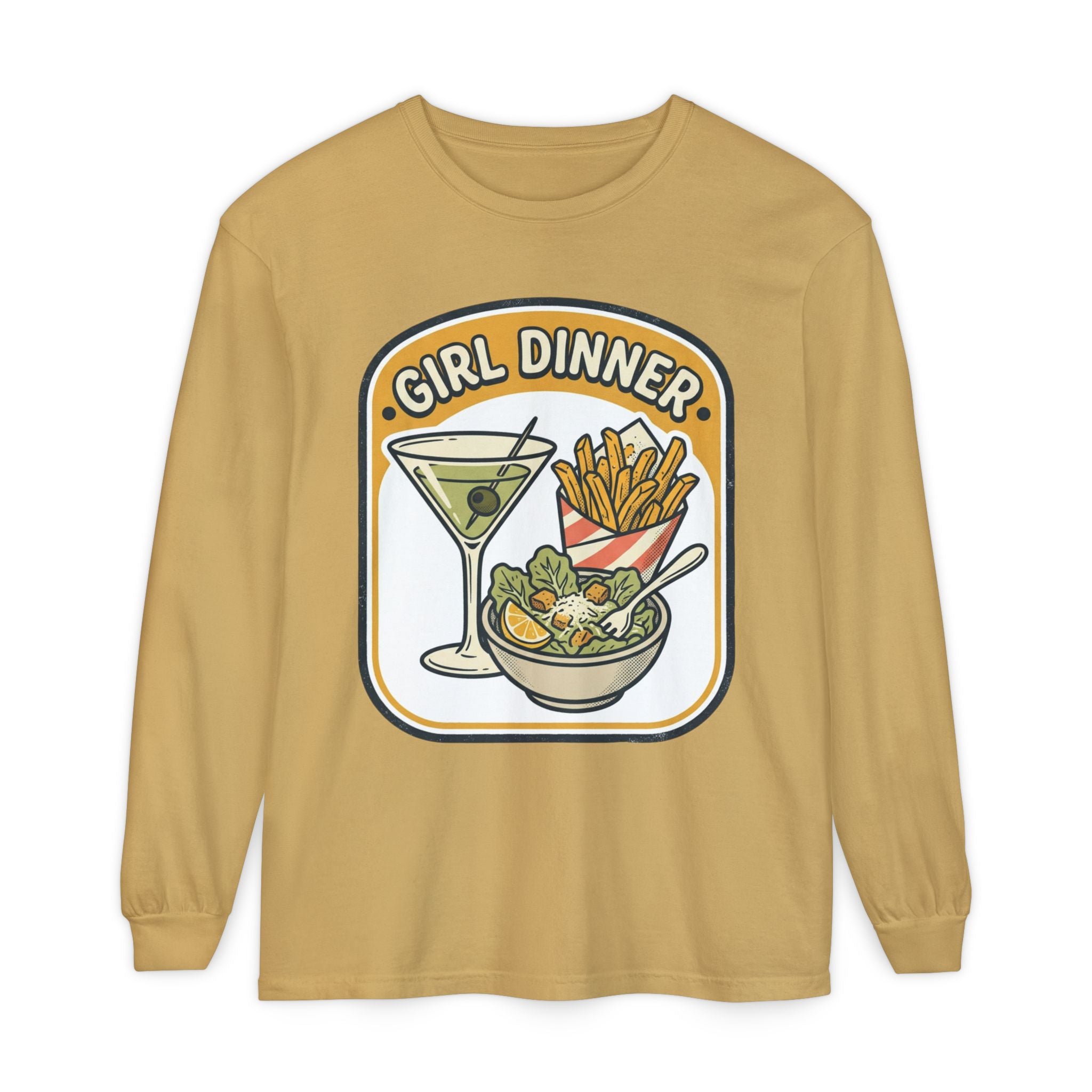 Girl Dinner Long Sleeve Tee — Retro Food & Cocktail Graphic