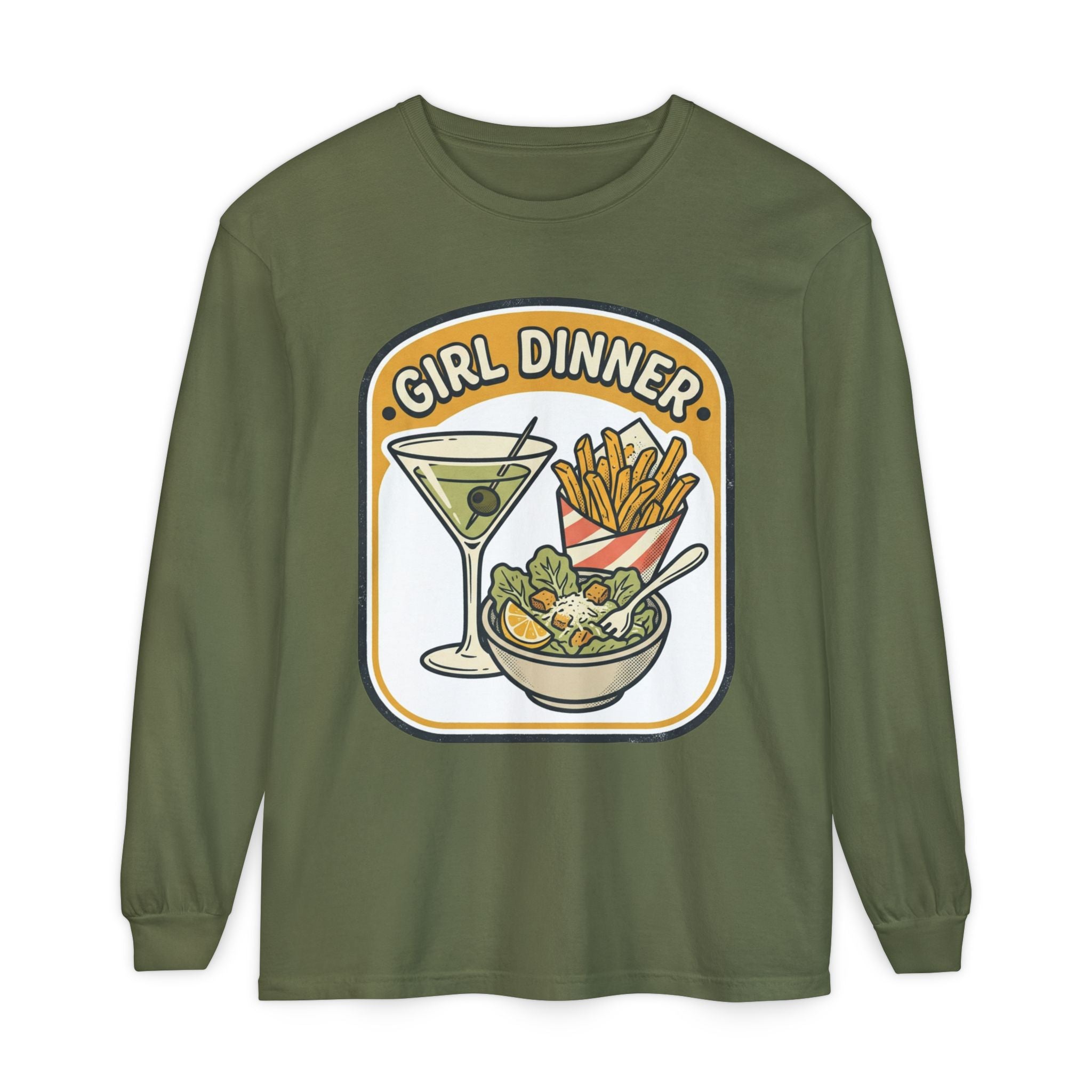 Girl Dinner Long Sleeve Tee — Retro Food & Cocktail Graphic