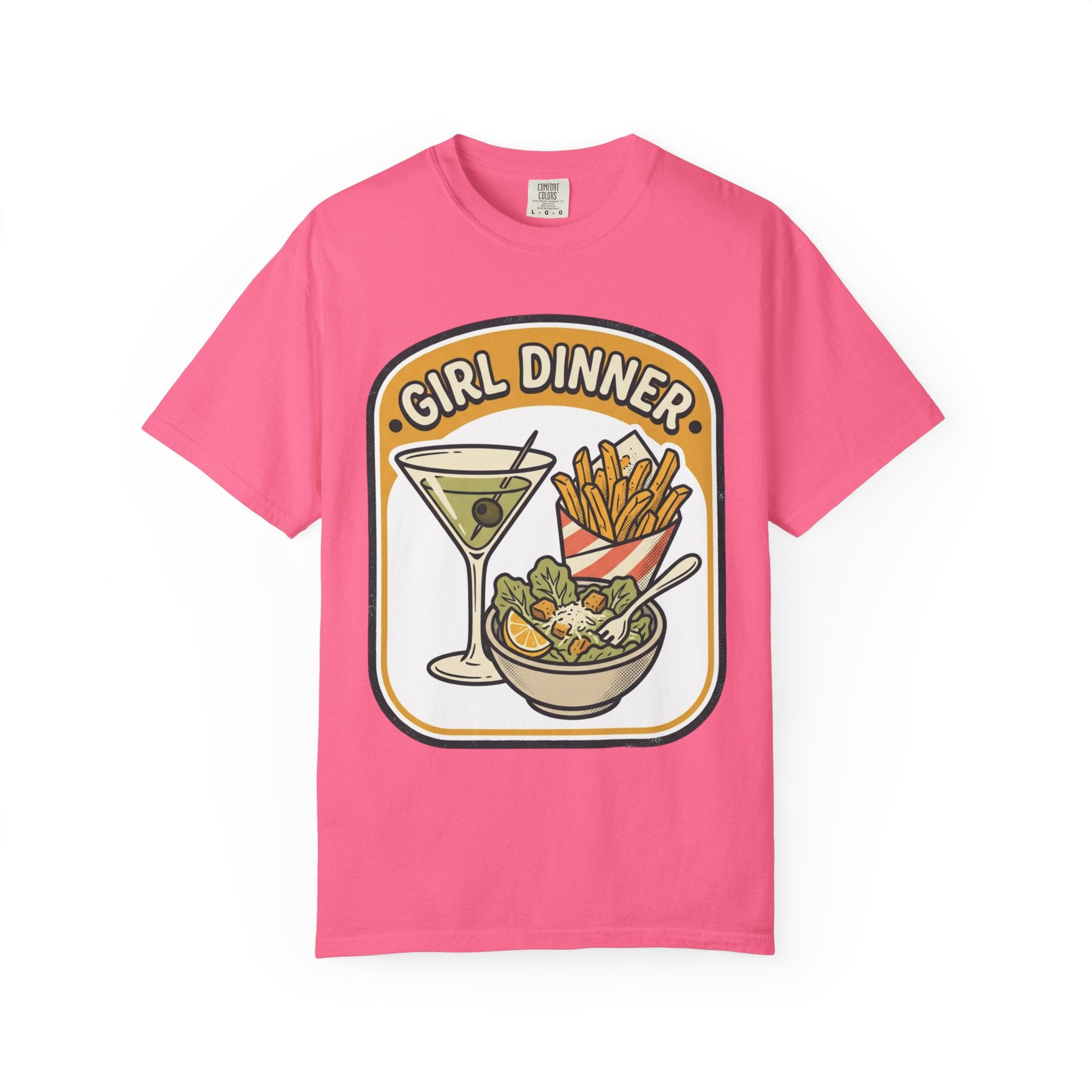 Girl Dinner T-Shirt — Retro Food Graphic Tee (martini, fries, salad)