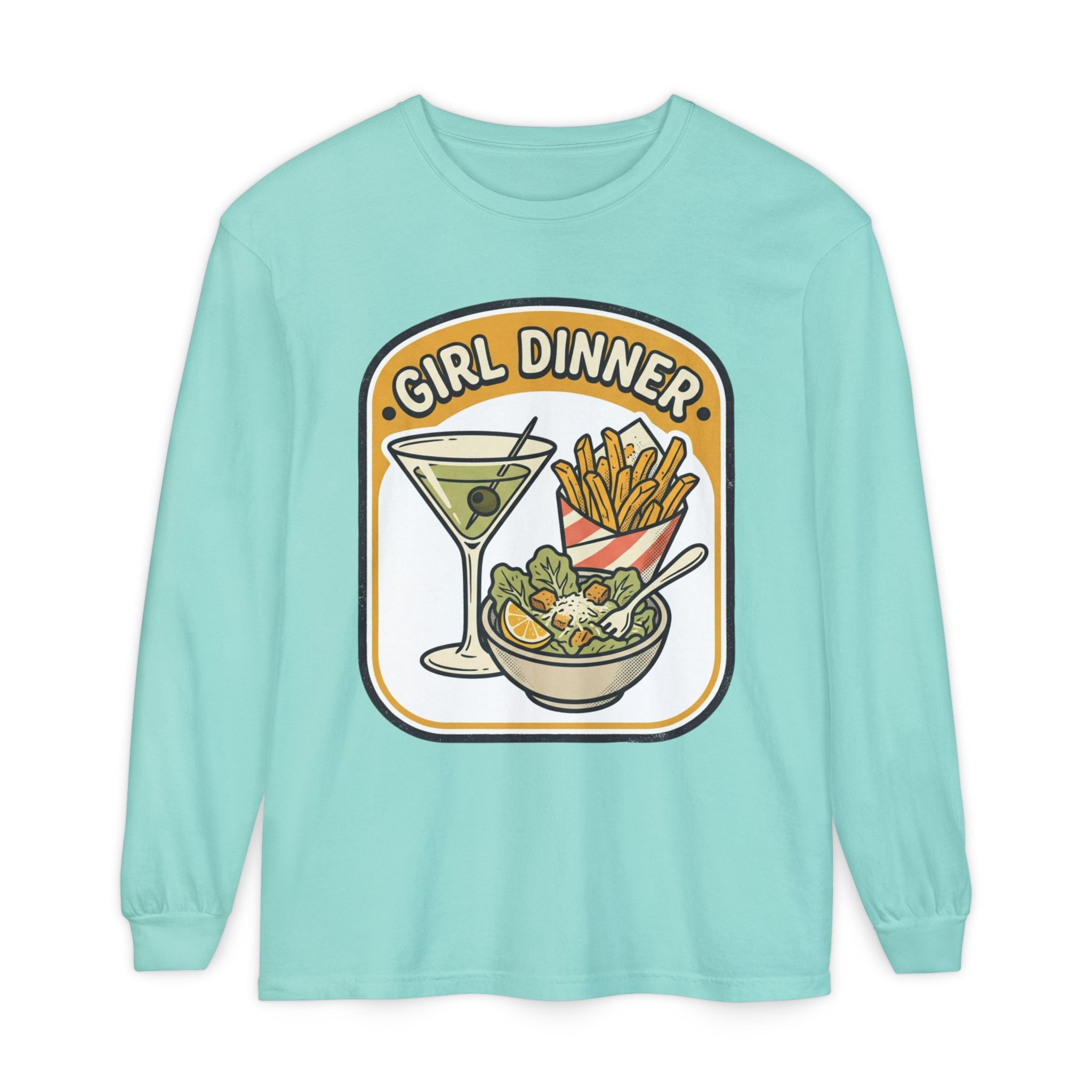 Girl Dinner Long Sleeve Tee — Retro Food & Cocktail Graphic