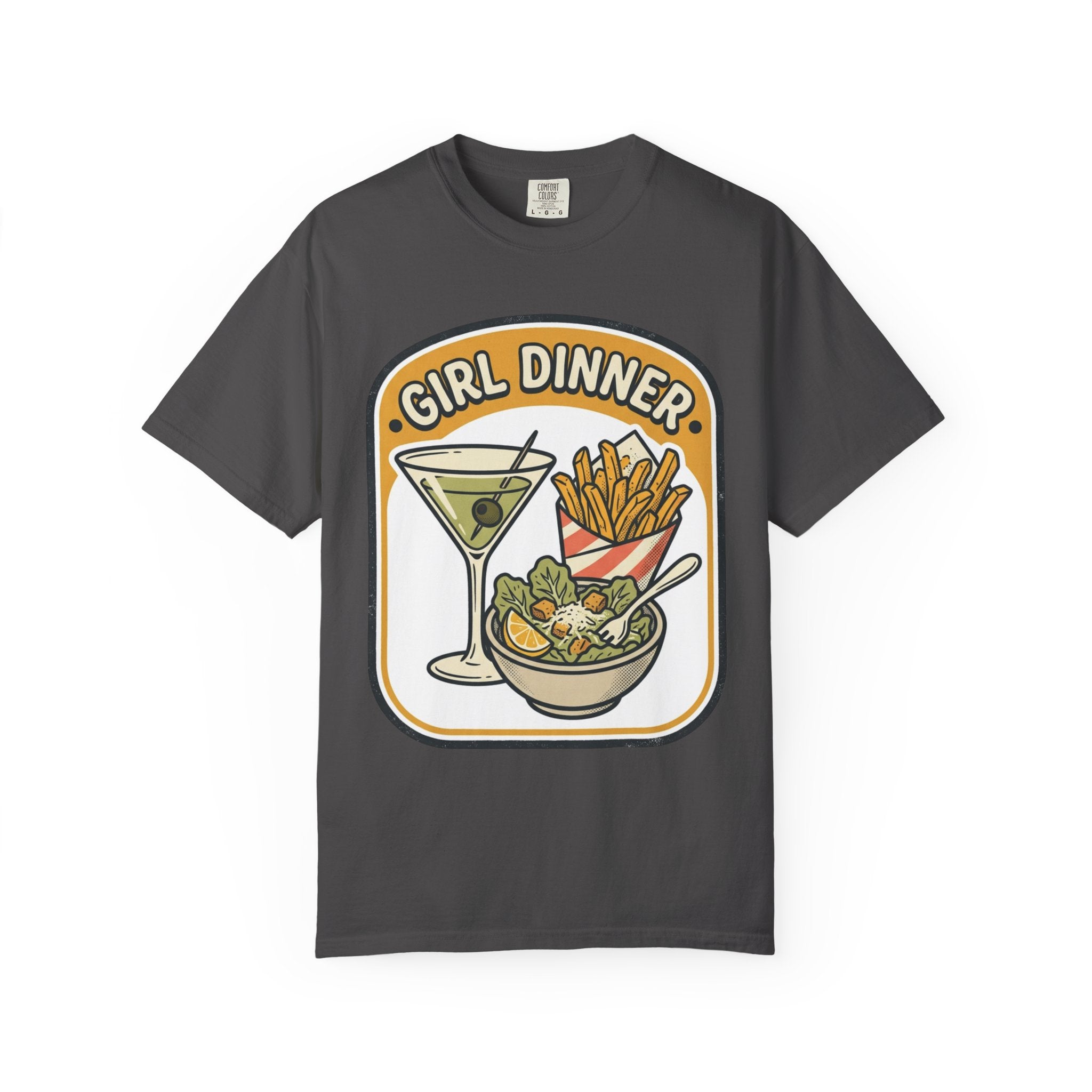 Girl Dinner T-Shirt — Retro Food Graphic Tee (martini, fries, salad)