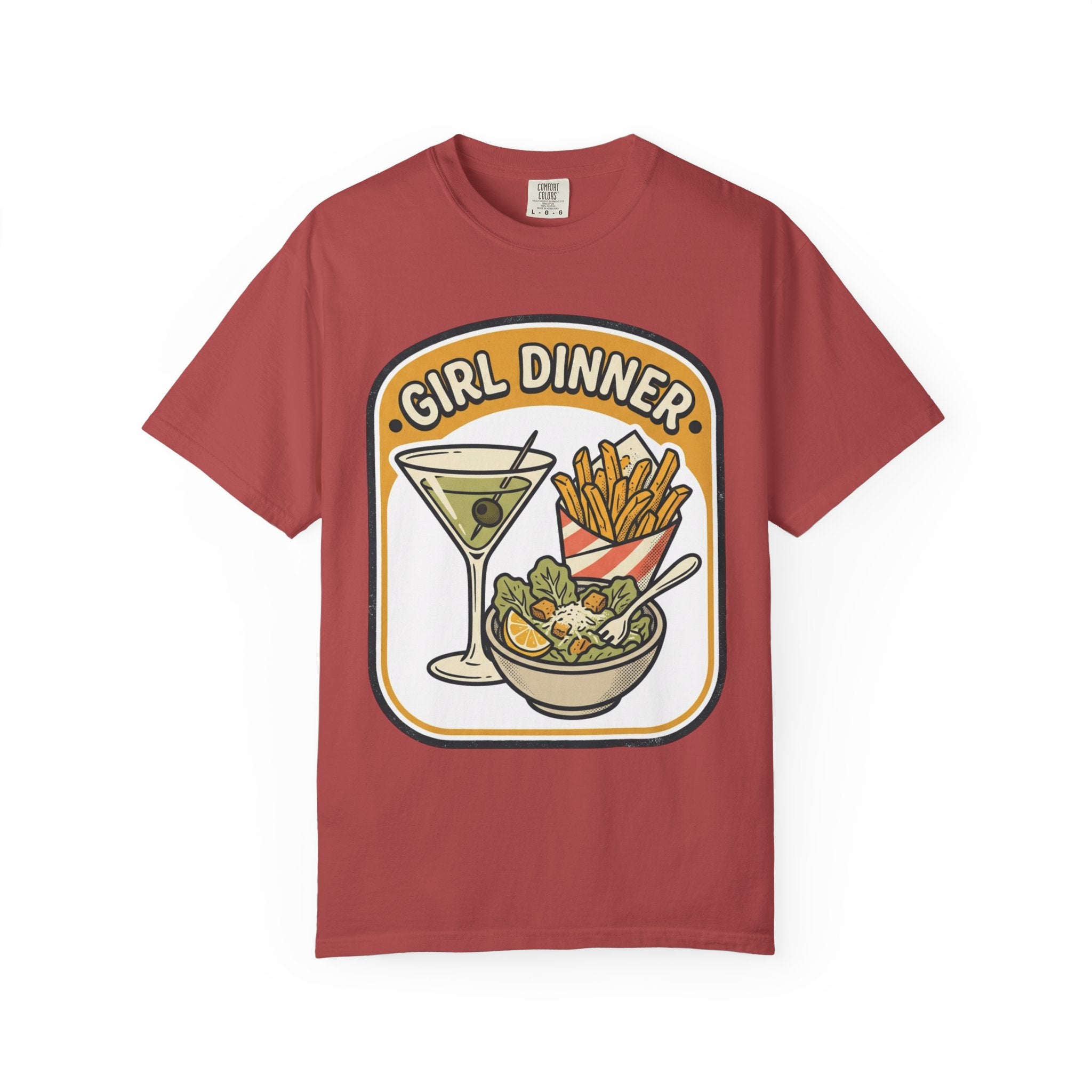 Girl Dinner T-Shirt — Retro Food Graphic Tee (martini, fries, salad)