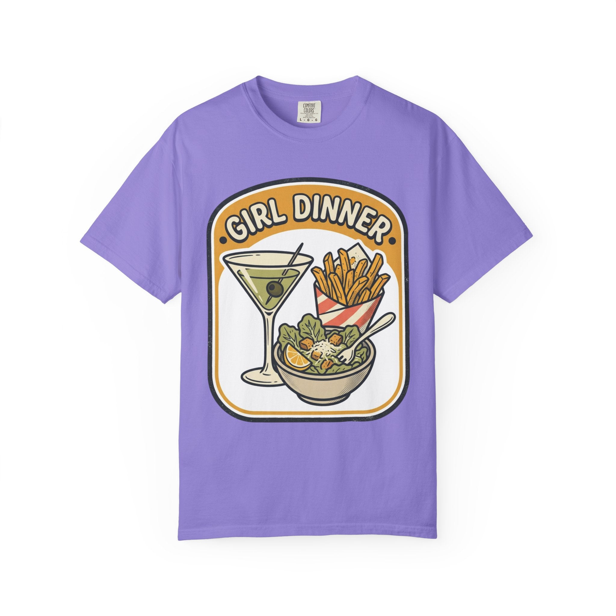 Girl Dinner T-Shirt — Retro Food Graphic Tee (martini, fries, salad)
