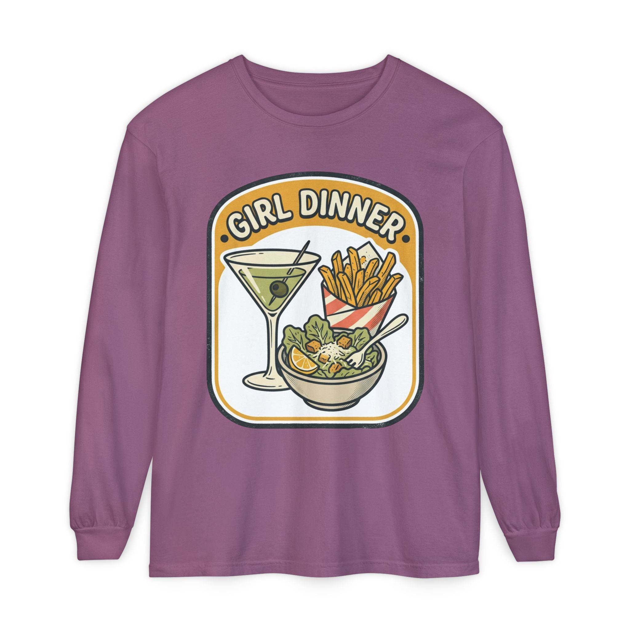 Girl Dinner Long Sleeve Tee — Retro Food & Cocktail Graphic