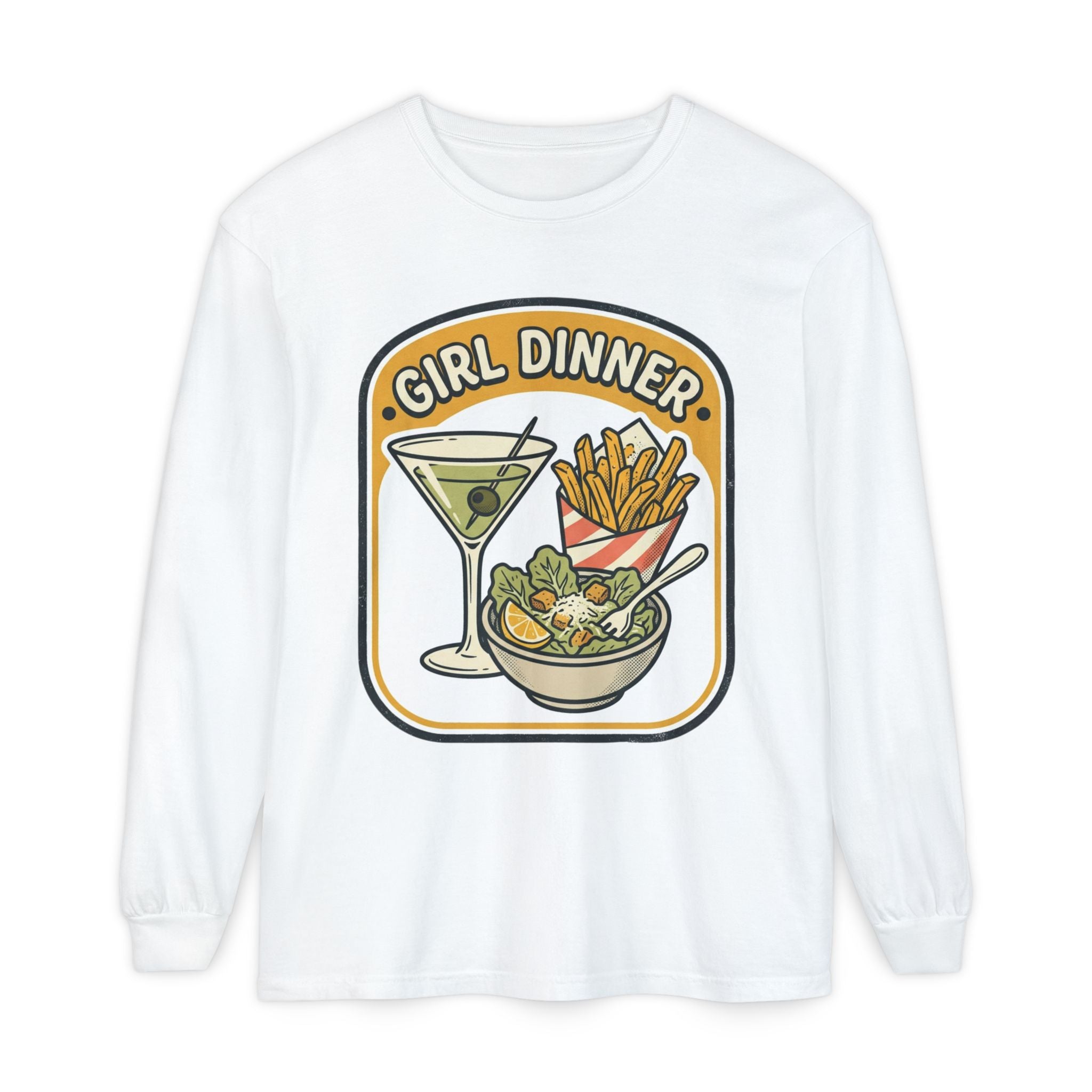 Girl Dinner Long Sleeve Tee — Retro Food & Cocktail Graphic